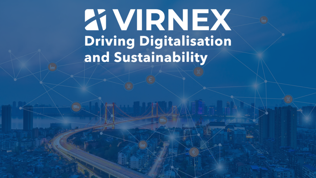 Virnex logo ja sinipohjainen kaupunkikuva